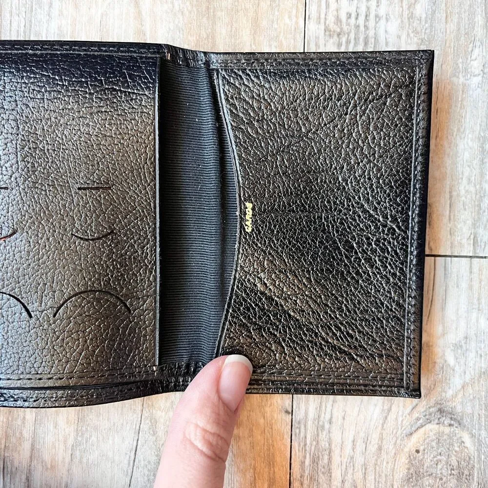 Vintage Shrunken Cowhide Trifold Wallet Black Genuine Leather